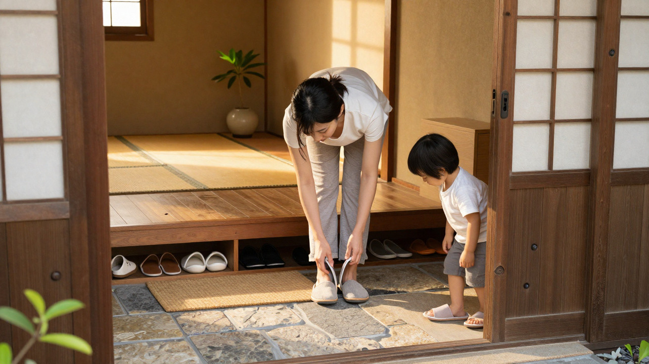 Mulher colocando chinelos enquanto criança observa em casa com estilo japonês e luz natural.