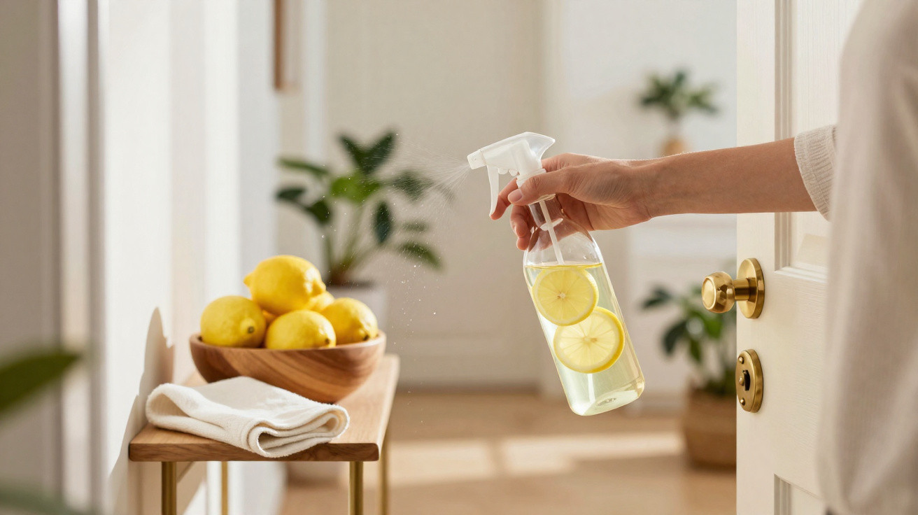 Pessoa borrifando spray de limpeza com fatias de limão em ambiente interno com mesa e plantas.