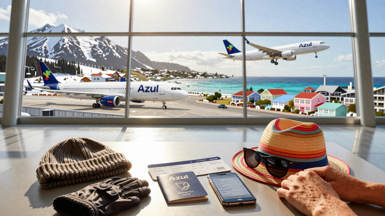 Sala de embarque com vista para aviões da Azul, paisagem de montanha e litoral, e itens de viagem na mesa.