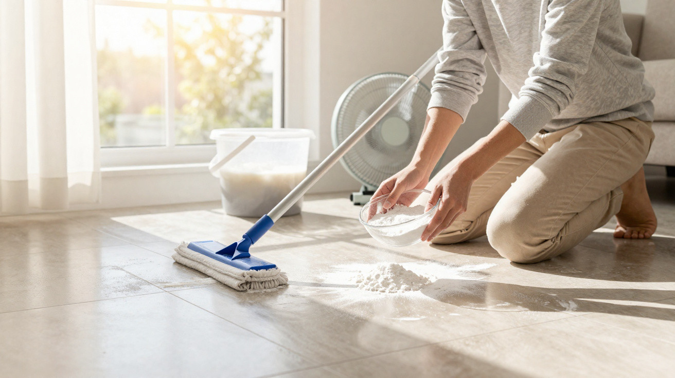 Pessoa limpando chão de porcelanato com rodo e aplicando pó de limpeza enquanto está ajoelhada.