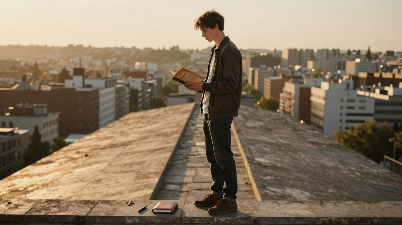 Jovem lendo livro em pé sobre um telhado com vista urbana ao entardecer.