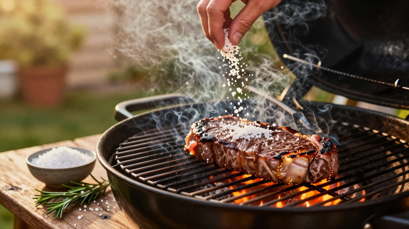 Mão salpicando sal grosso em bife suculento na grelha com fumaça e fogo em churrasco ao ar livre.