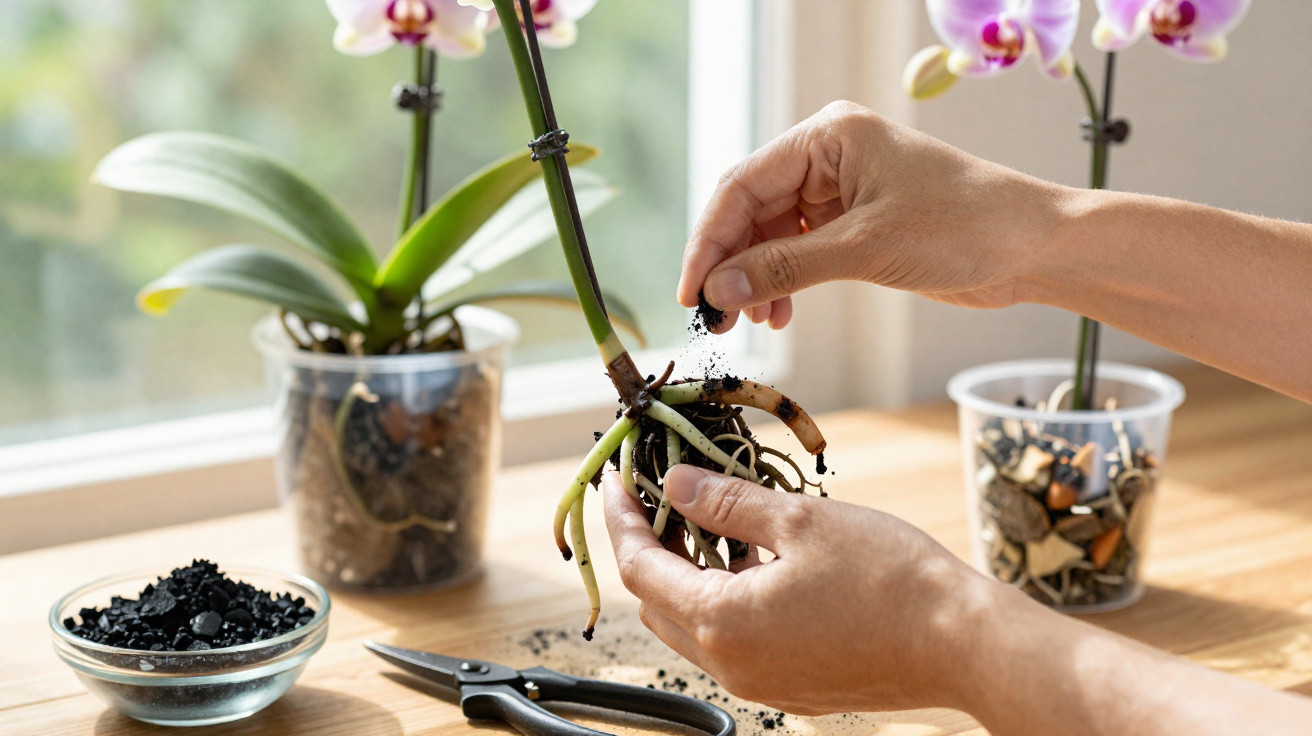 Mãos cuidando de raízes de orquídea com solo, plantas no fundo e tesoura sobre mesa de madeira.