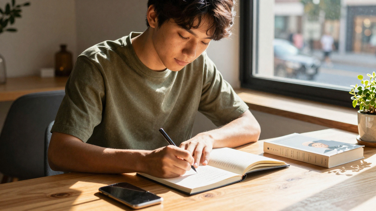 Jovem sentado à mesa escrevendo em caderno, com celular e livro ao lado, luz natural entrando pela janela.