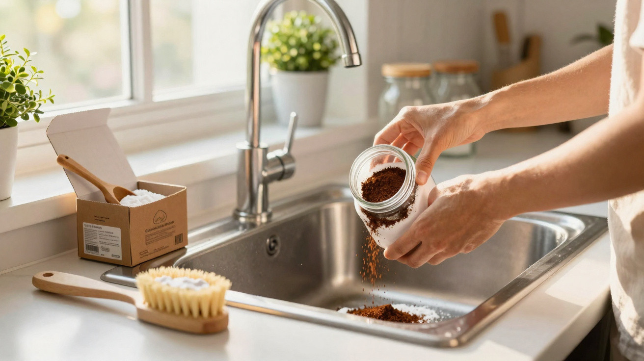 Mãos despejando pó de café usado na pia da cozinha com janela e plantas ao fundo.