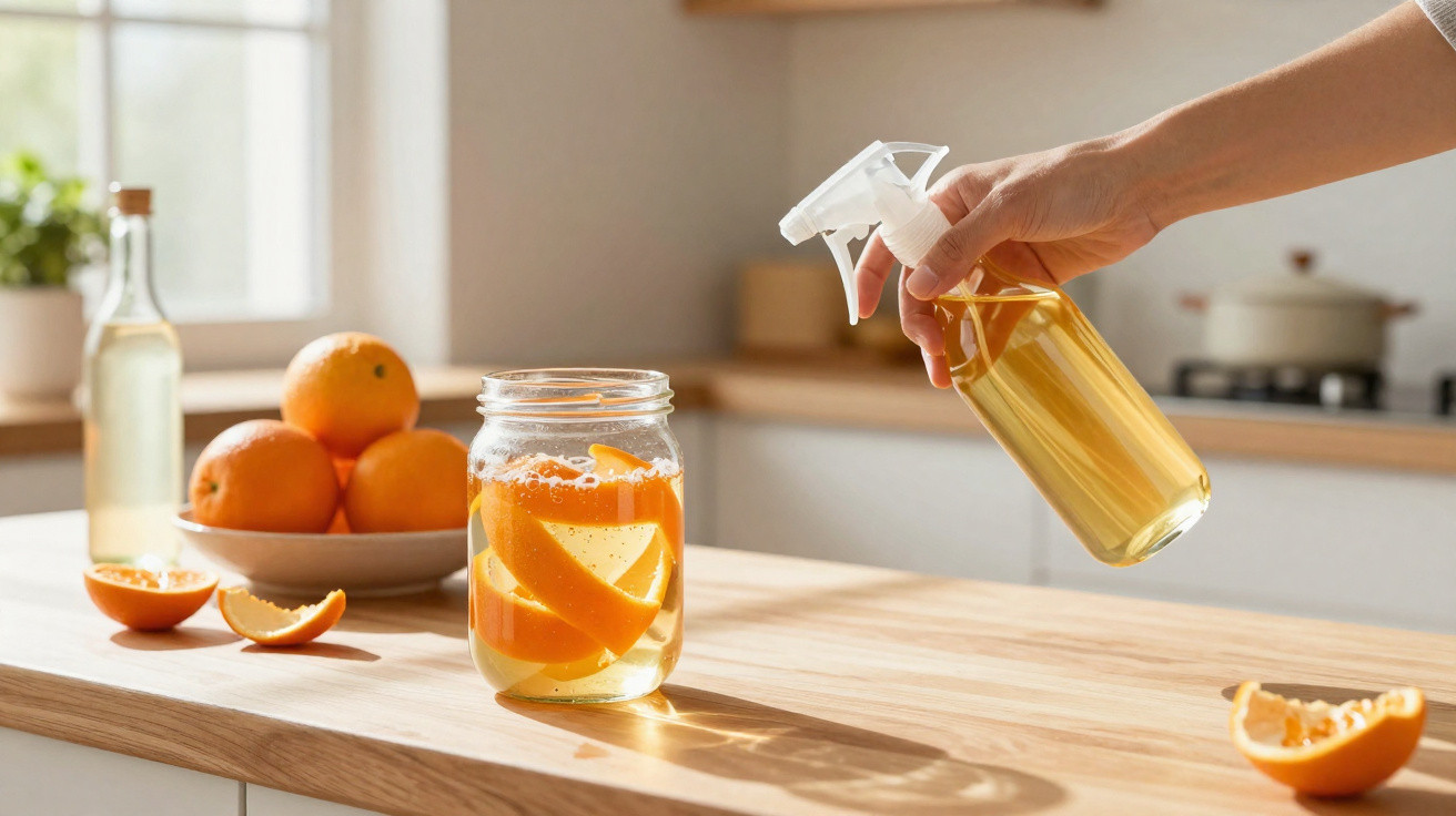 Mãos segurando frasco de spray com líquido amarelo sobre bancada com jarra de água e fatias de laranja.