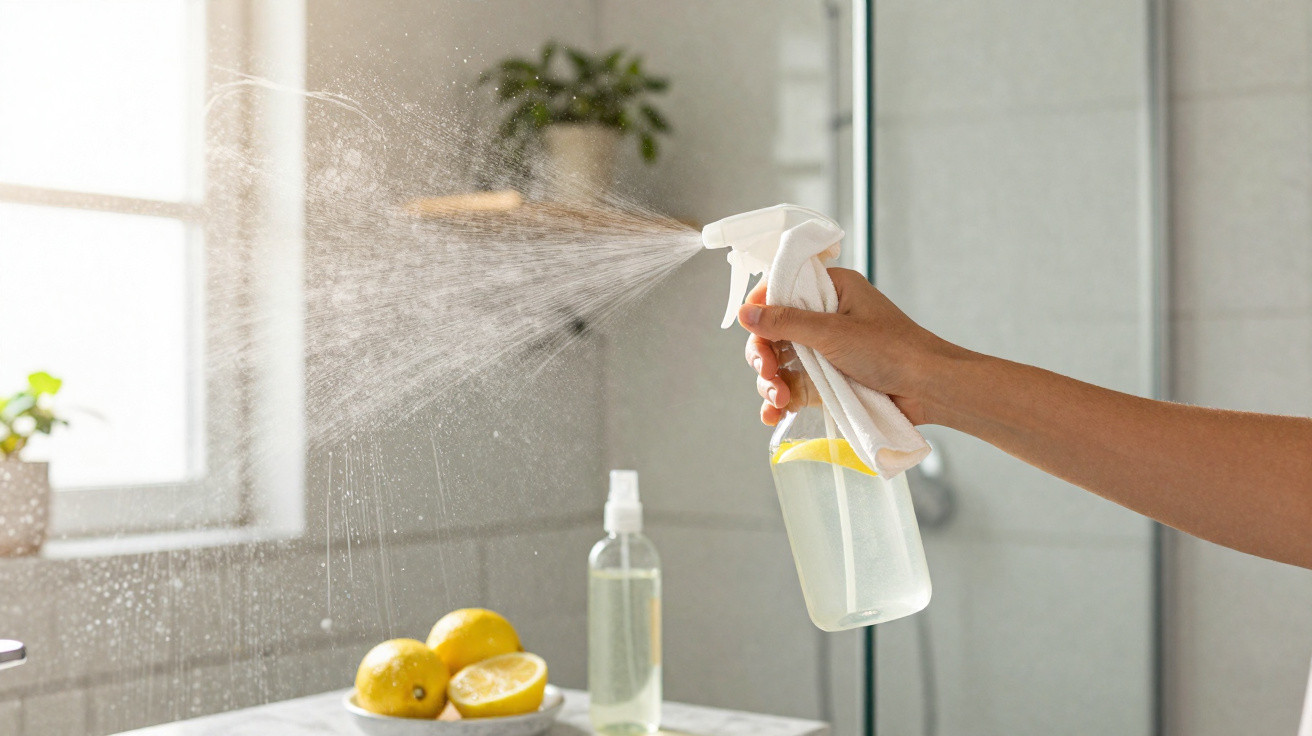 Mão borrifando spray de limpeza com limão em ambiente claro e arejado, com limões e planta ao fundo.