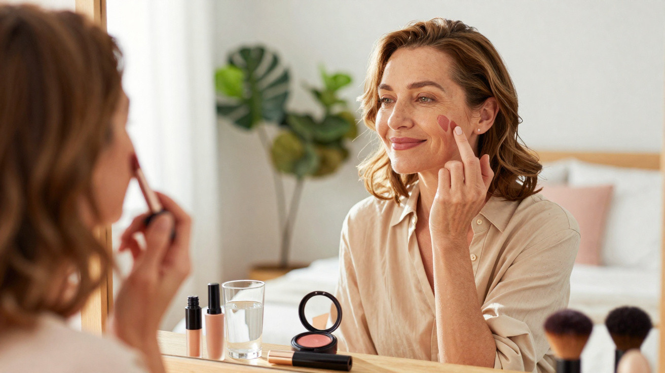 Mulher aplicando blush no rosto em frente ao espelho, com produtos de maquiagem na penteadeira.
