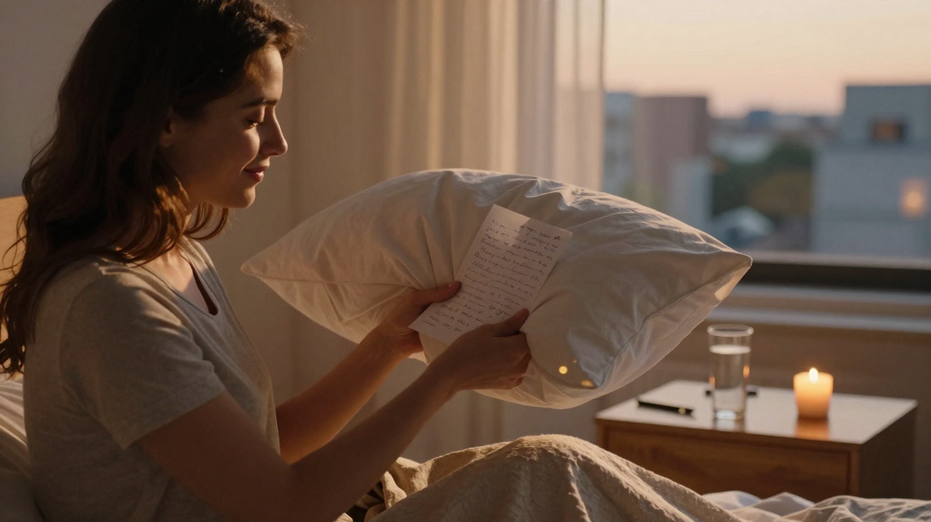 Mulher sentada na cama lendo carta enquanto segura um travesseiro, com vela acesa e copo na mesa ao fundo.