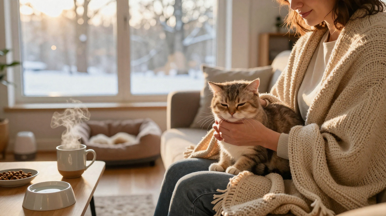 Mulher sentada no sofá com xícara de bebida quente e gato no colo em ambiente aconchegante.