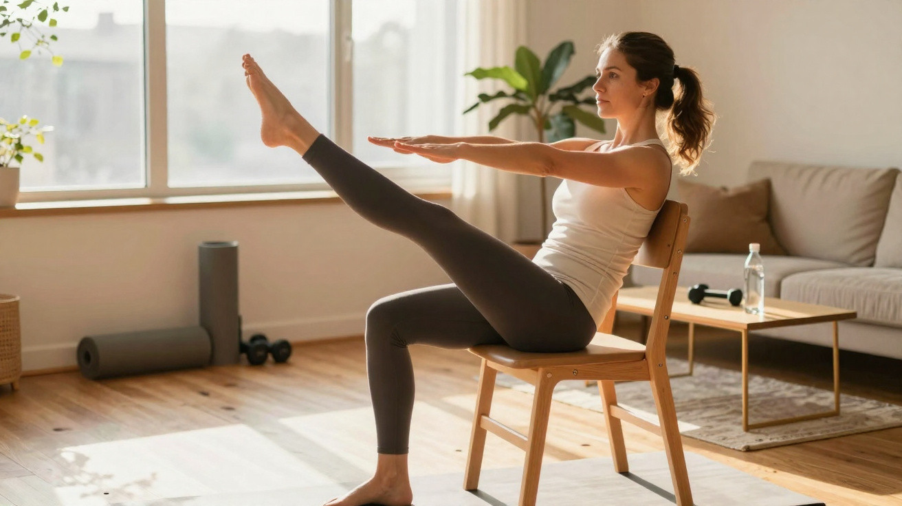 Mulher fazendo exercícios de Pilates sentada em cadeira em sala iluminada e arejada.