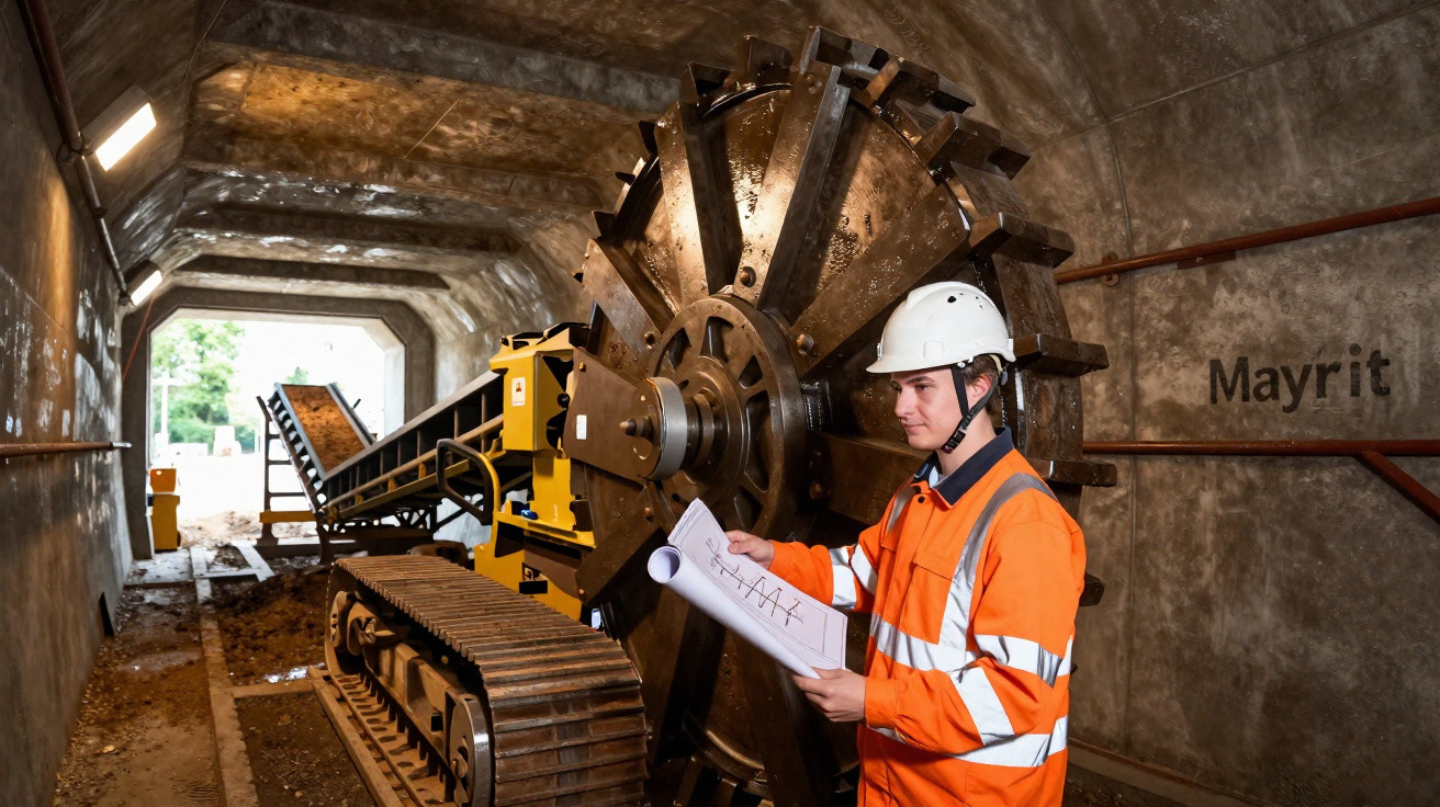 Trabalhador com capacete e colete laranja verifica projeto em túnel ao lado de máquina de escavação grande.
