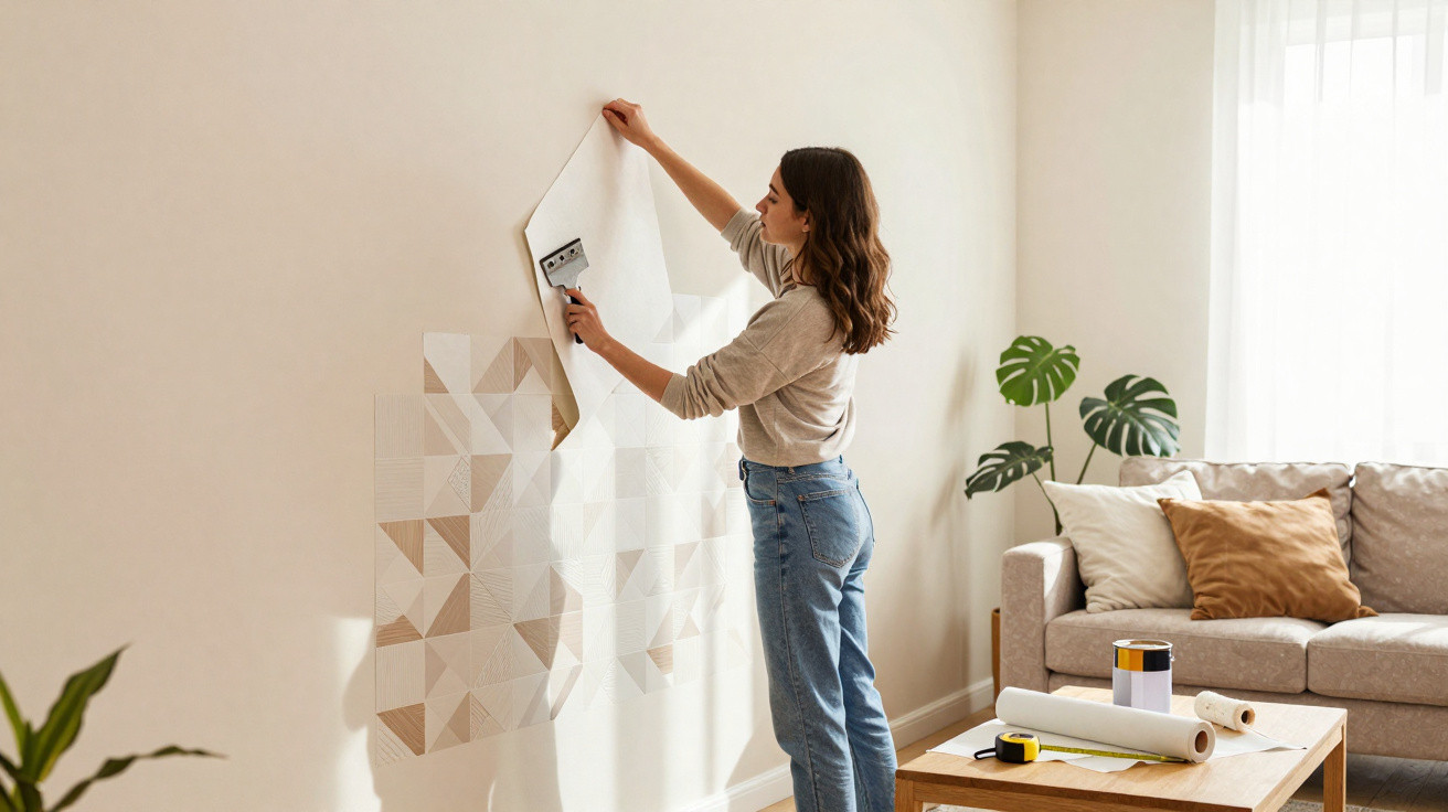 Mulher aplicando papel de parede bege com padrão geométrico em sala de estar iluminada.
