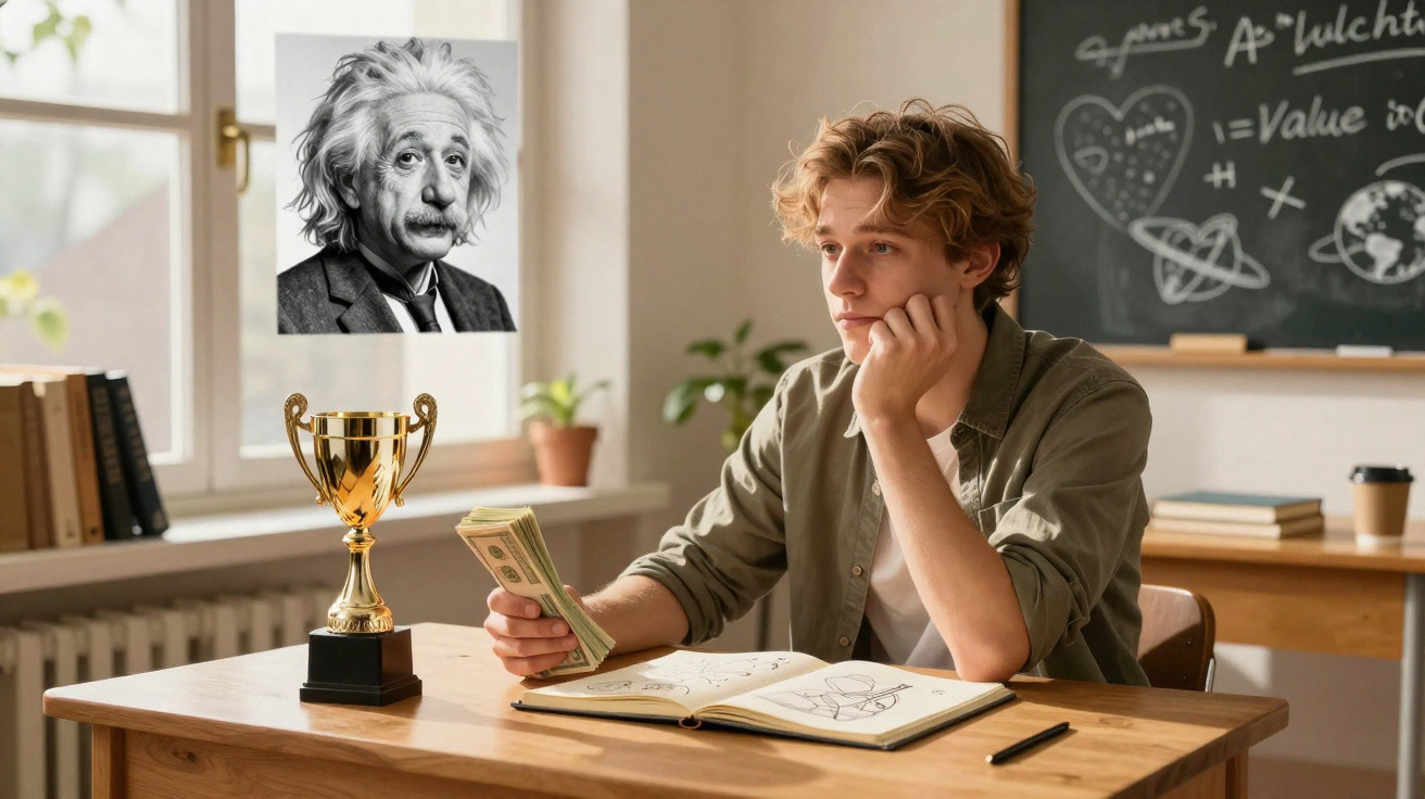 Jovem pensativo segurando dinheiro em mesa com livro, troféu e quadro escolar ao fundo.