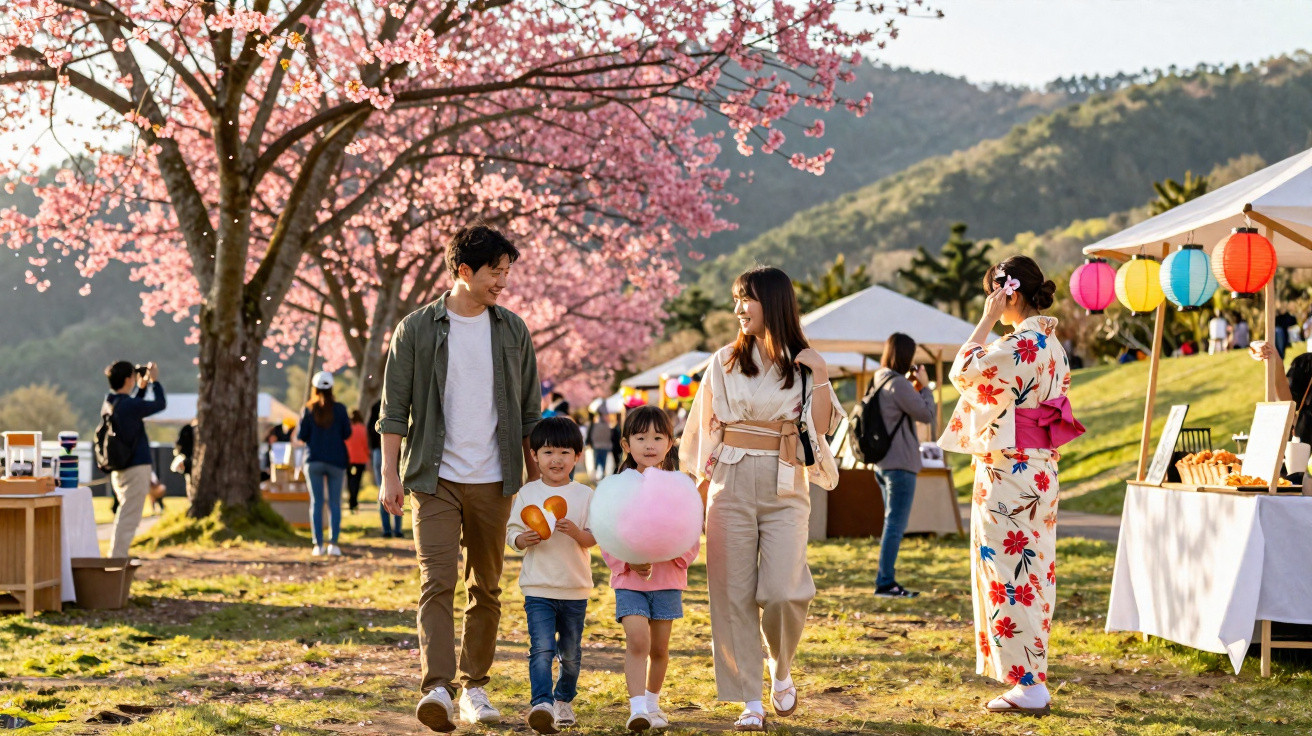 Família caminhando em parque com árvores floridas e barracas durante festival ao ar livre.