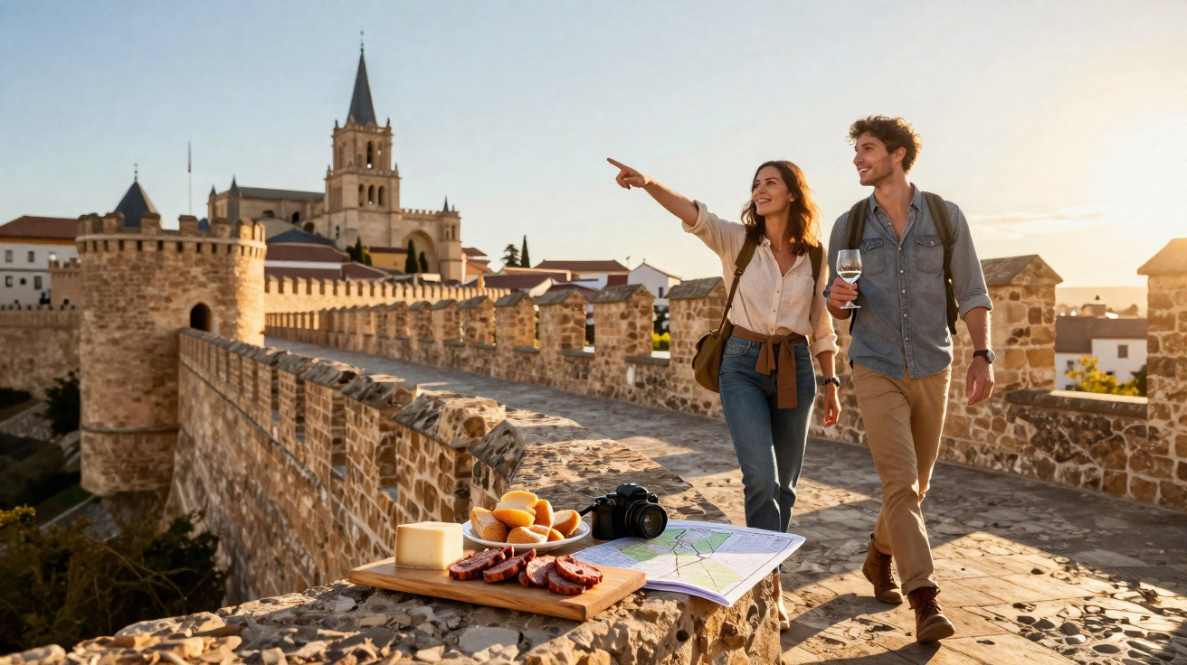 Casal caminhando em ponte antiga de pedra com tábua de queijos, câmera e mapa ao pôr do sol.
