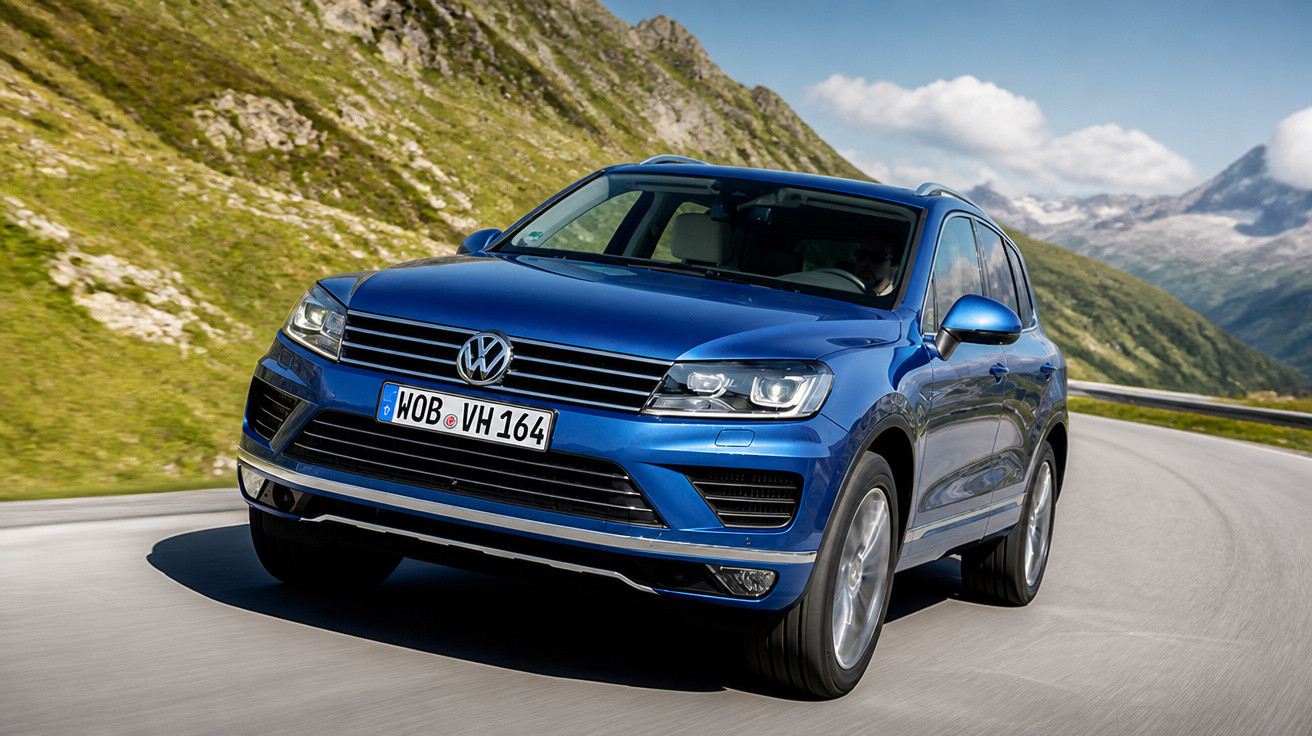SUV Volkswagen azul dirigindo em estrada sinuosa cercada por montanhas verdes sob céu azul.
