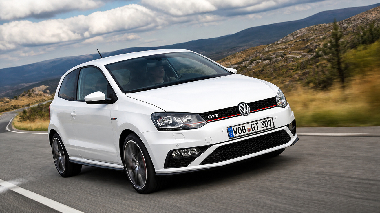 Carro esportivo branco Volkswagen GTI em curva de estrada montanhosa sob céu nublado.