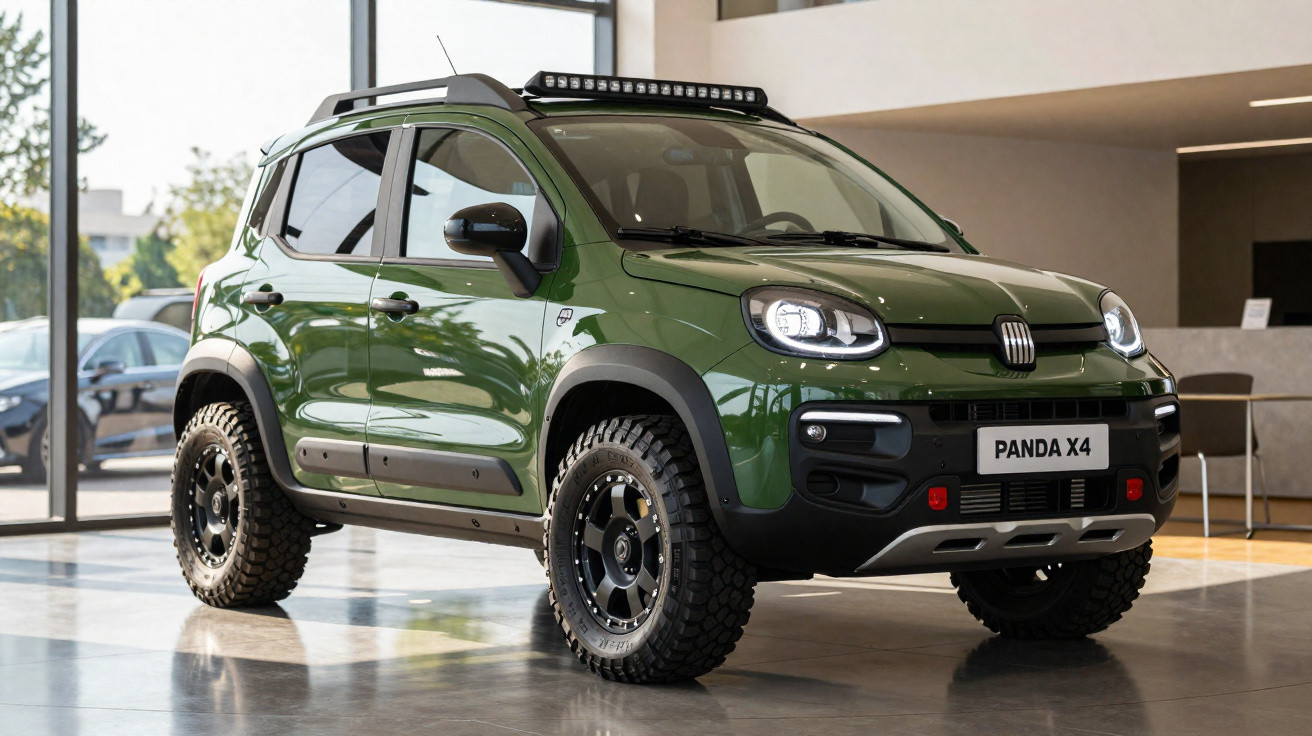 Carro Fiat Panda X4 verde com pneus off-road exposto em showroom moderno.