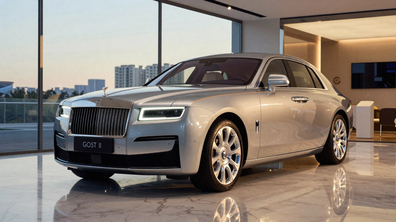 Carro de luxo Rolls-Royce silver com placa Gost II exibido em showroom moderno com piso de mármore.