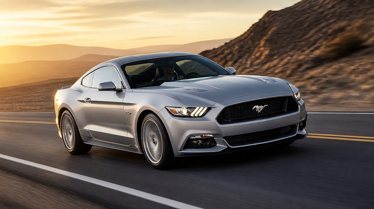 Carro esportivo prata Ford Mustang GT em estrada deserta durante o pôr do sol.