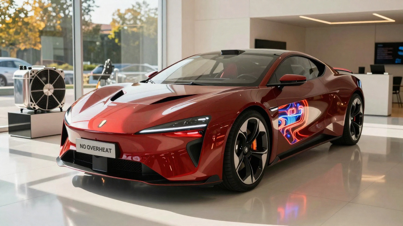 Carro esportivo vermelho com design moderno exposto em showroom com iluminação natural e reflexos coloridos.