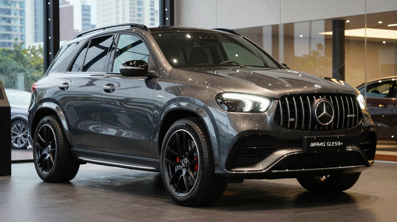 SUV Mercedes-Benz AMG GLE 53 cinza escuro em exposição interna com rodas pretas e faróis acesos.