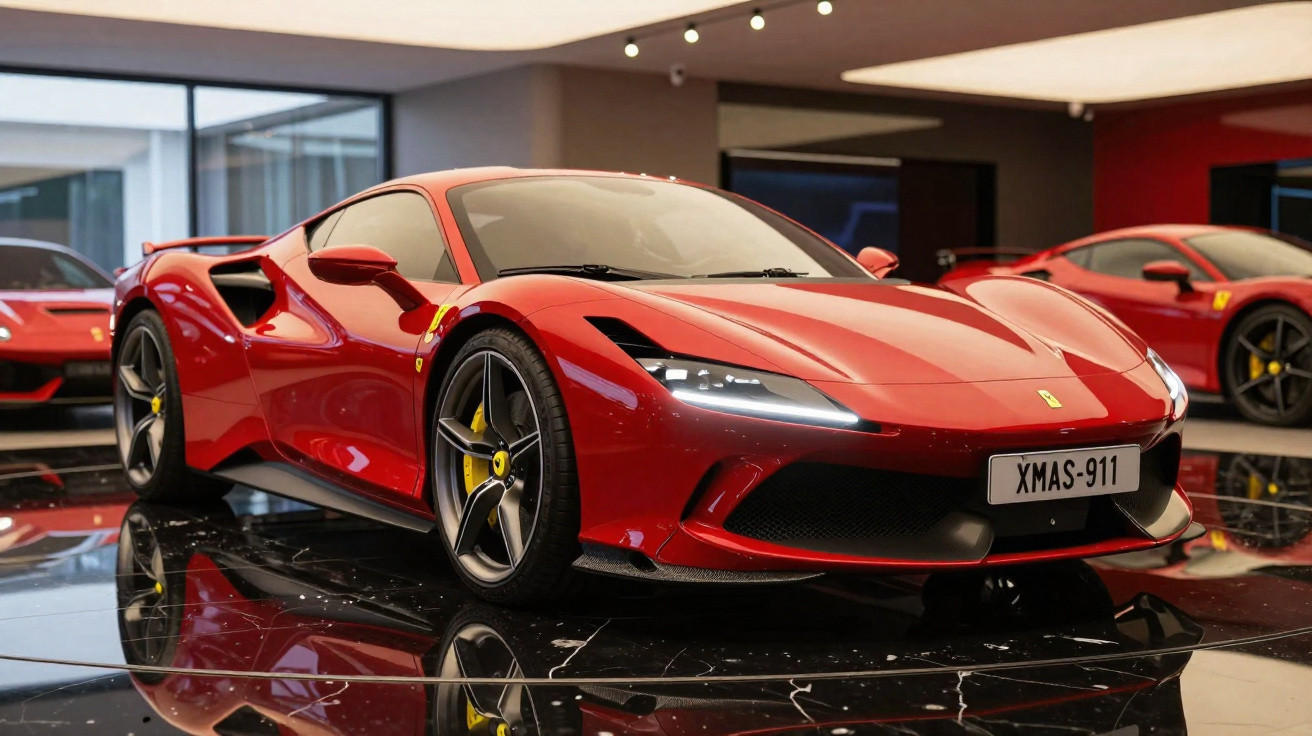 Carro esportivo Ferrari vermelho brilhante em exibição interna sobre piso preto e refletivo.