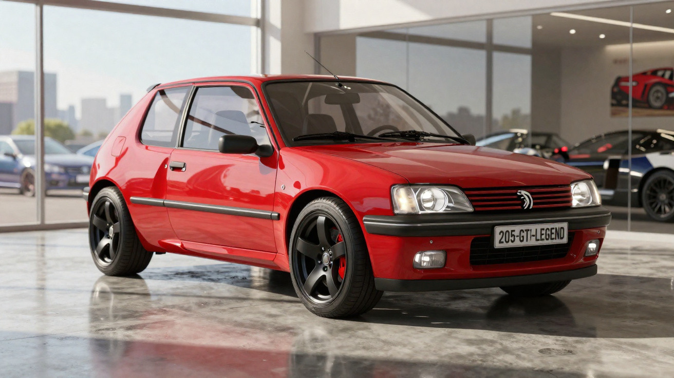 Carro hatch vermelho estilo esportivo em exposição dentro de showroom com piso refletivo.