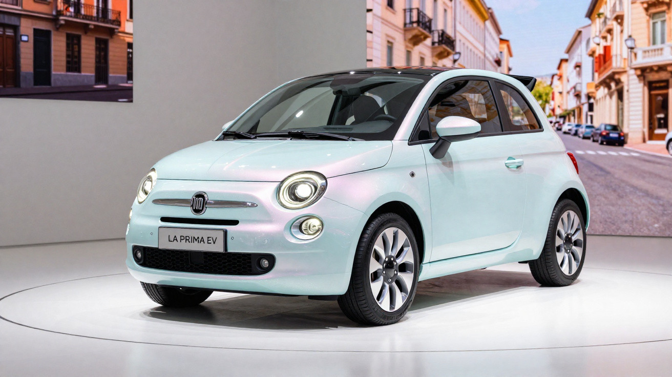 Carro elétrico branco Fiat La Prima EV exposto em plataforma giratória em ambiente interno.