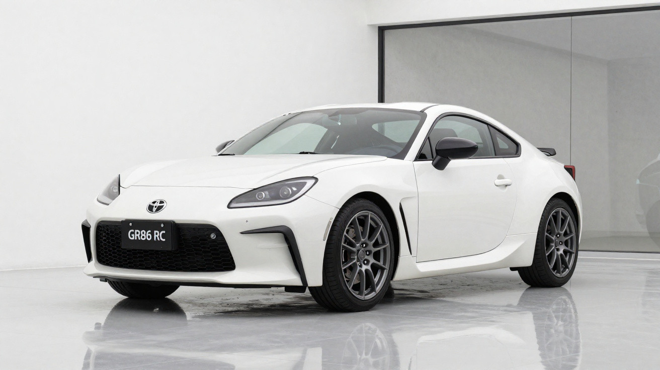 Carro esportivo branco Toyota GR86 RC estacionado em ambiente interno com piso refletivo.