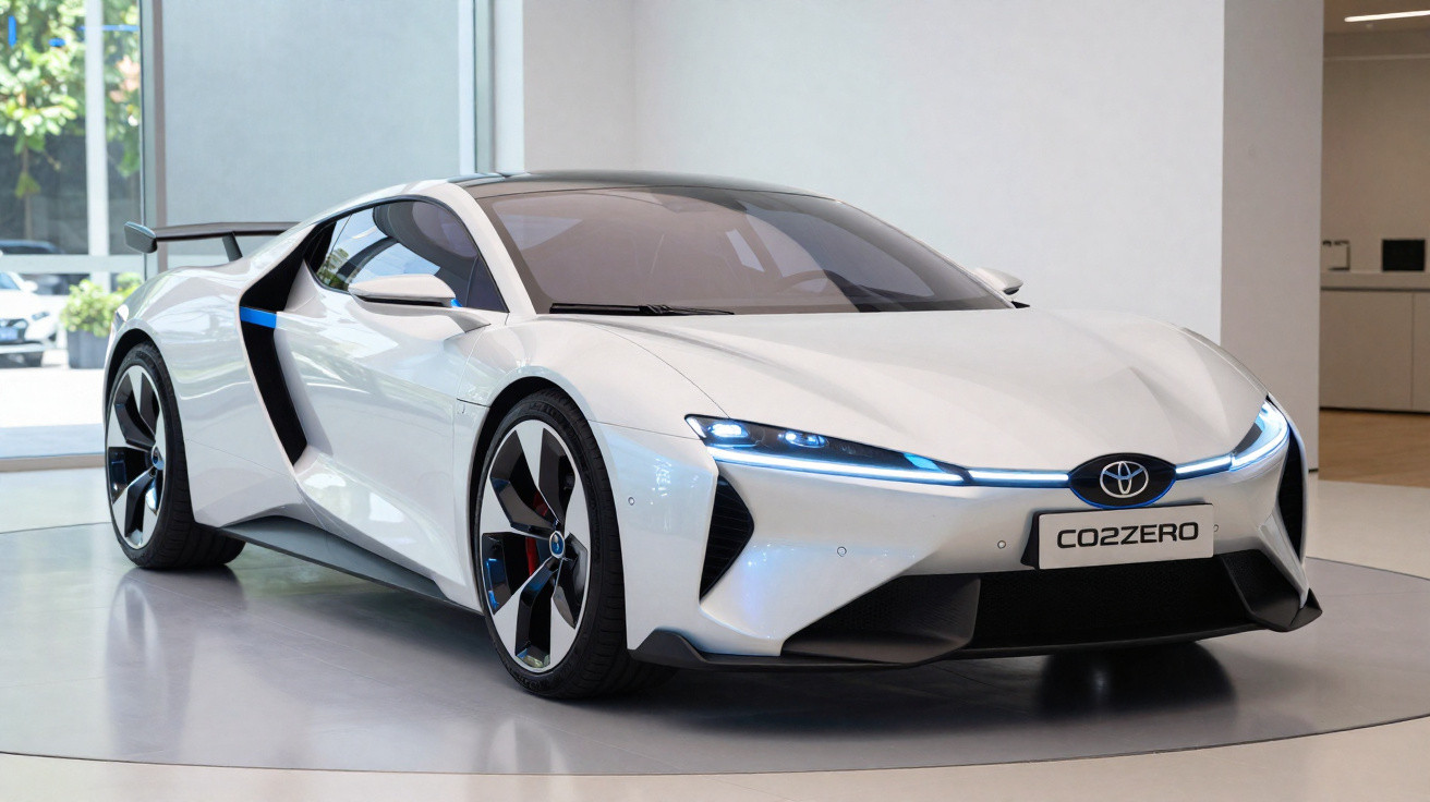 Carro esportivo elétrico branco Toyota COZZERO em exposição interna com design futurista e iluminação azul.
