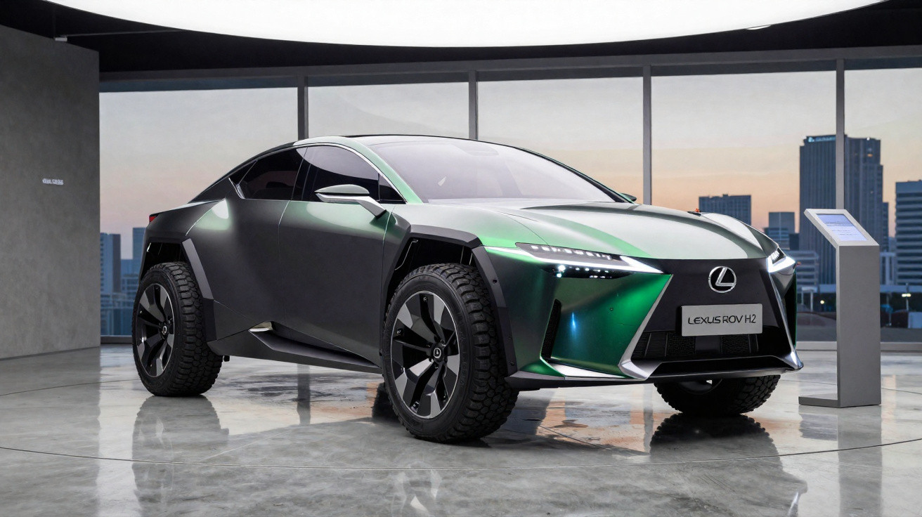 Carro conceito Lexus ROV H2 verde com design futurista exposto em showroom com fundo urbano ao entardecer.