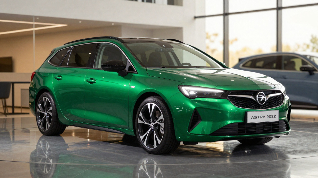 Carro verde modelo Astra 2022 em exposição interna com design moderno e rodas esportivas.