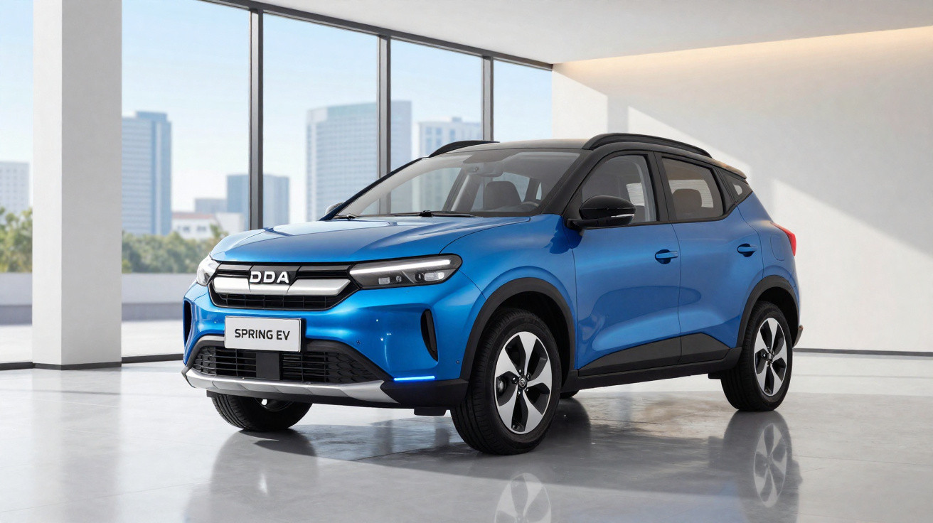 Carro elétrico azul DDA Spring EV em showroom com fundo urbano desfocado.