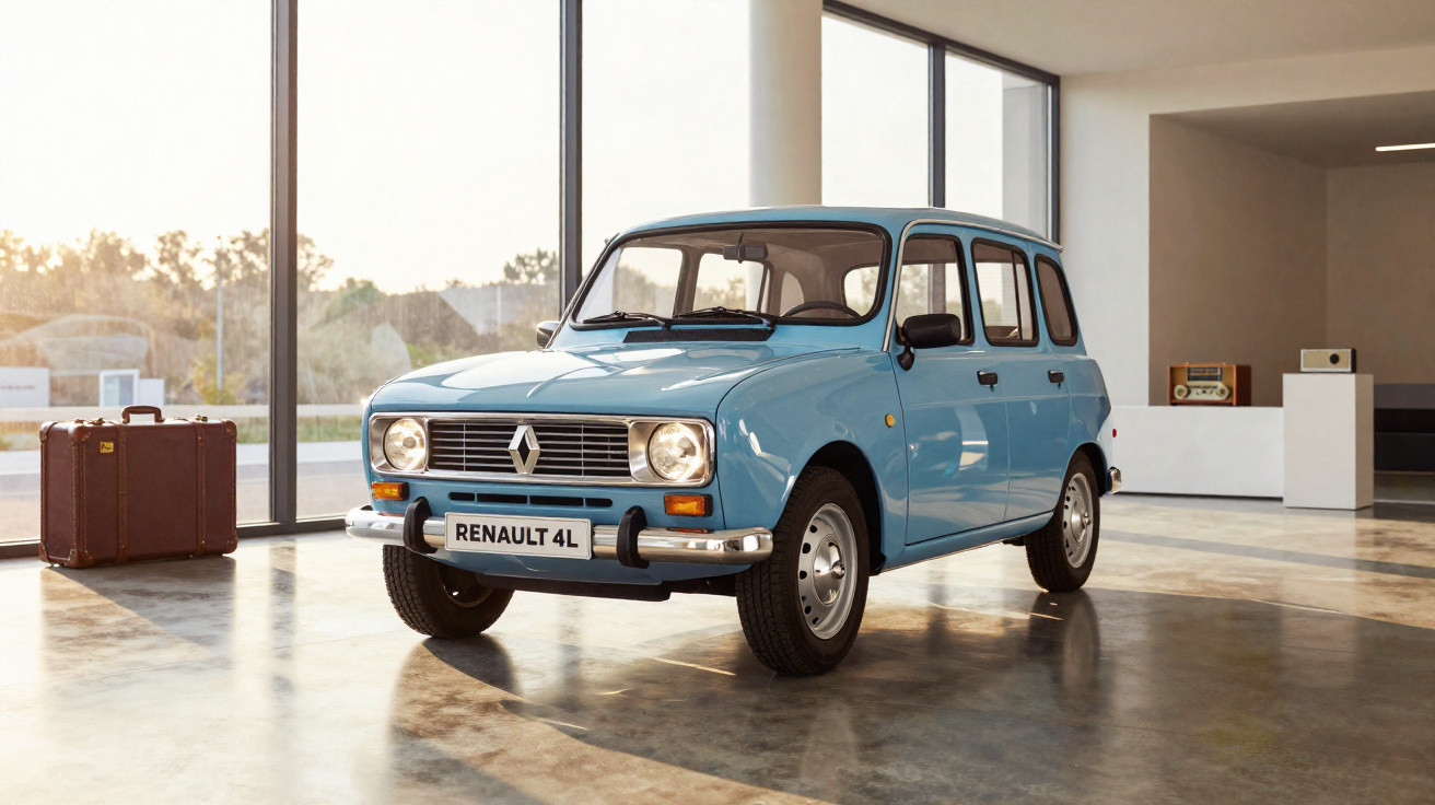 Carro Renault 4L azul antigo em exibição em ambiente interno com piso de cimento polido.