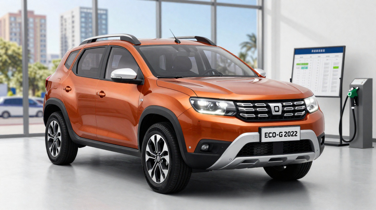 SUV compacto laranja modelo ECO-G 2022 em ambiente interno com janela grande ao fundo.