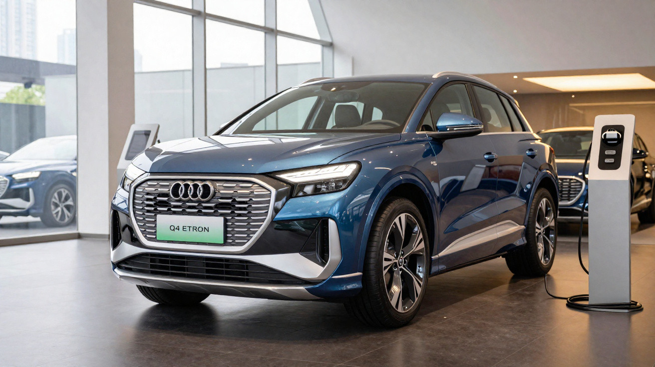 Audi Q4 e-tron azul carregando em estação interna de recarga elétrica em showroom.