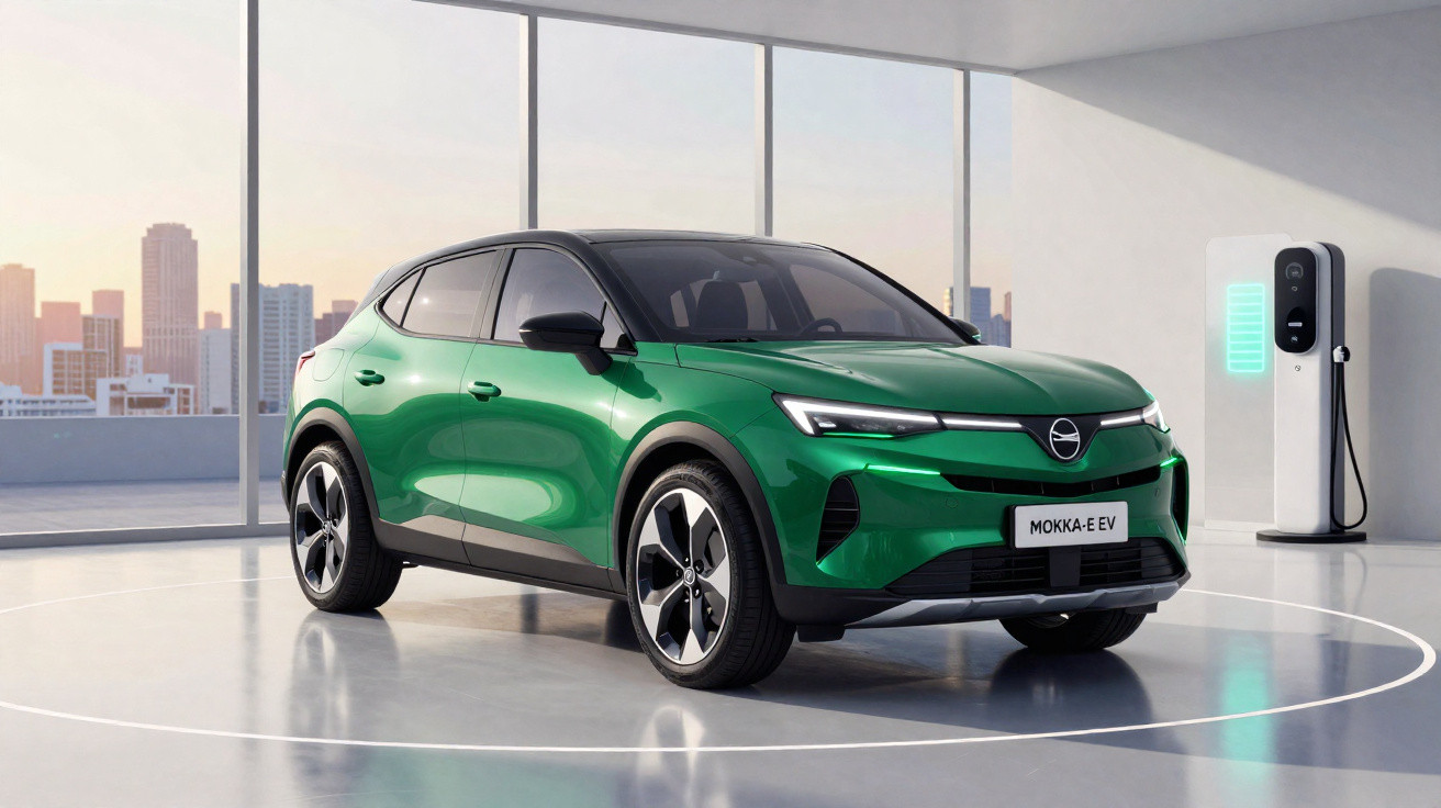 Carro elétrico verde Opel Mokka-e EV em showroom moderno com estação de recarga ao fundo.