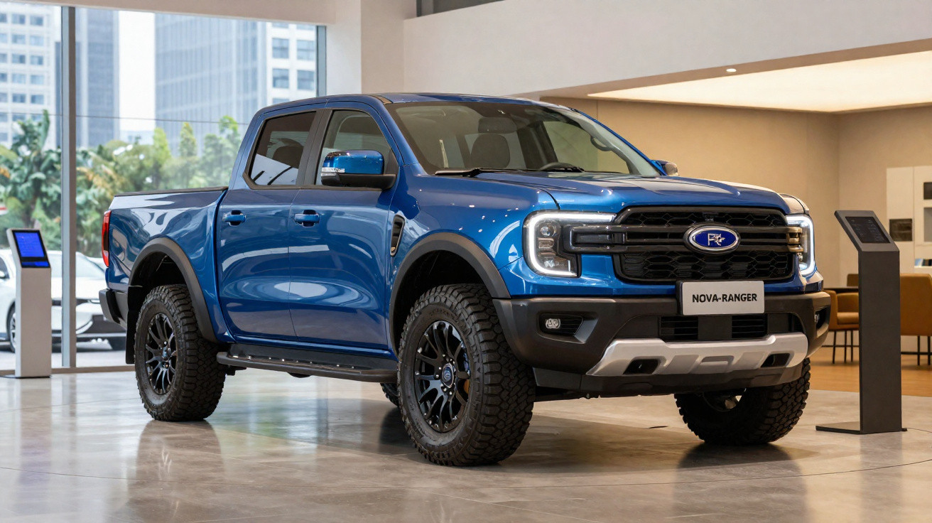Picape azul Ford Nova Ranger exposta em showroom moderno com pneus robustos e detalhes em preto e prata.