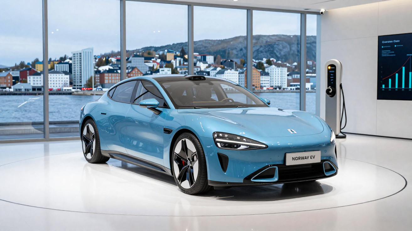 Carro elétrico azul exibido em showroom moderno com vista para cidade costeira ao fundo.