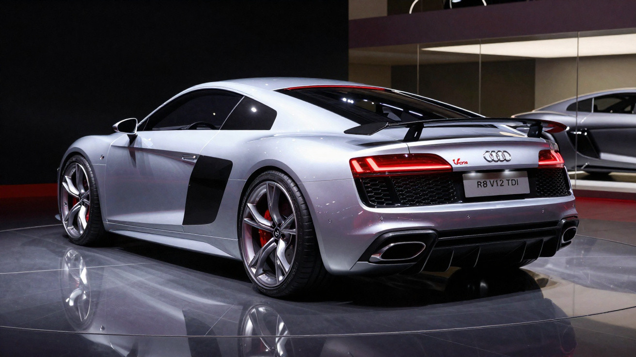 Carro esportivo Audi R8 prata estacionado em ambiente interno com piso refletivo e parede espelhada.
