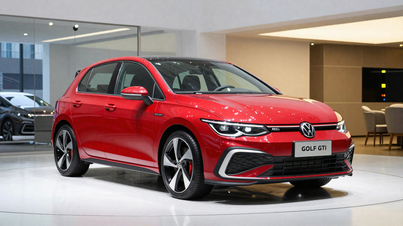 Carro Volkswagen Golf GTI vermelho exposto em ambiente interno moderno e iluminado.