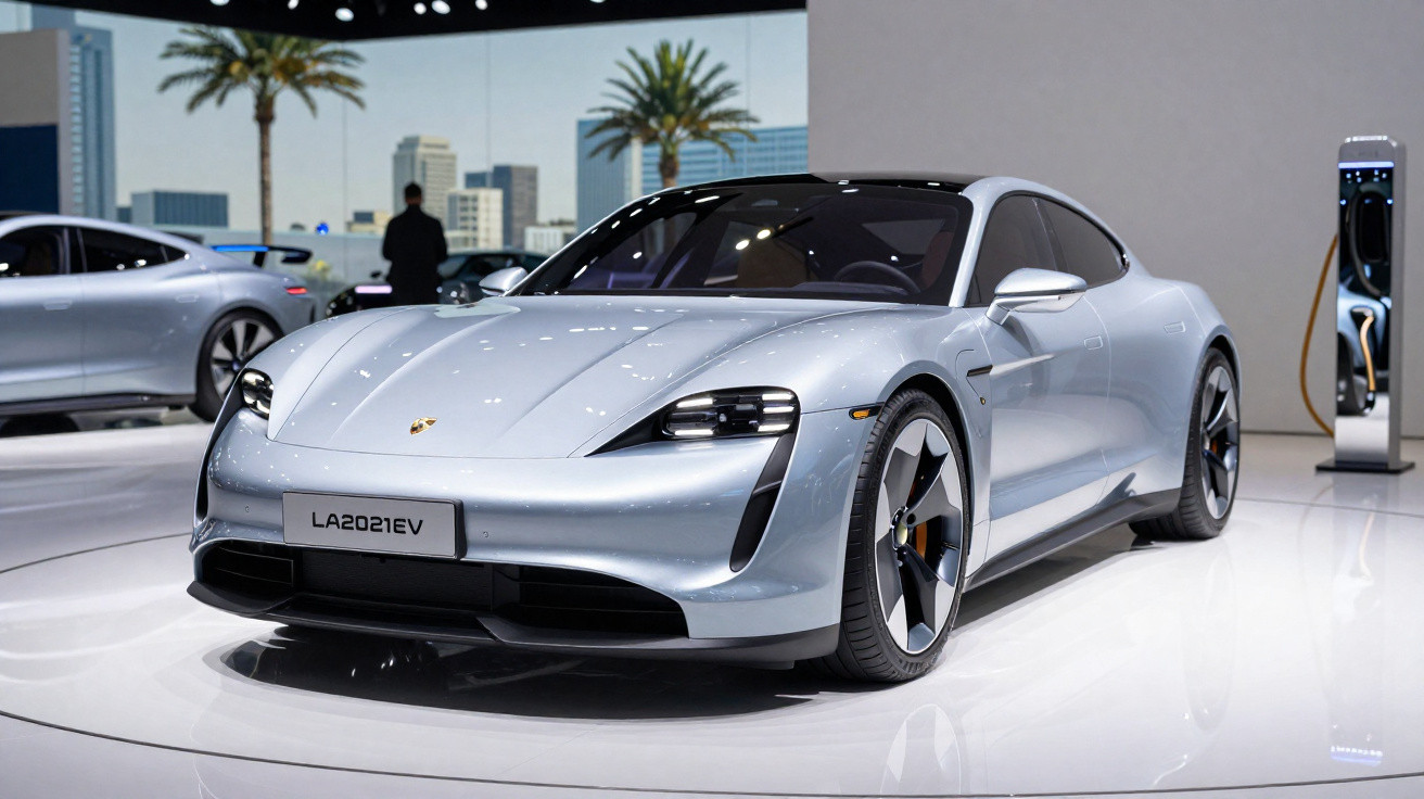Carro esportivo elétrico prata em exposição, com design aerodinâmico e rodas futuristas, ao lado de carregador.