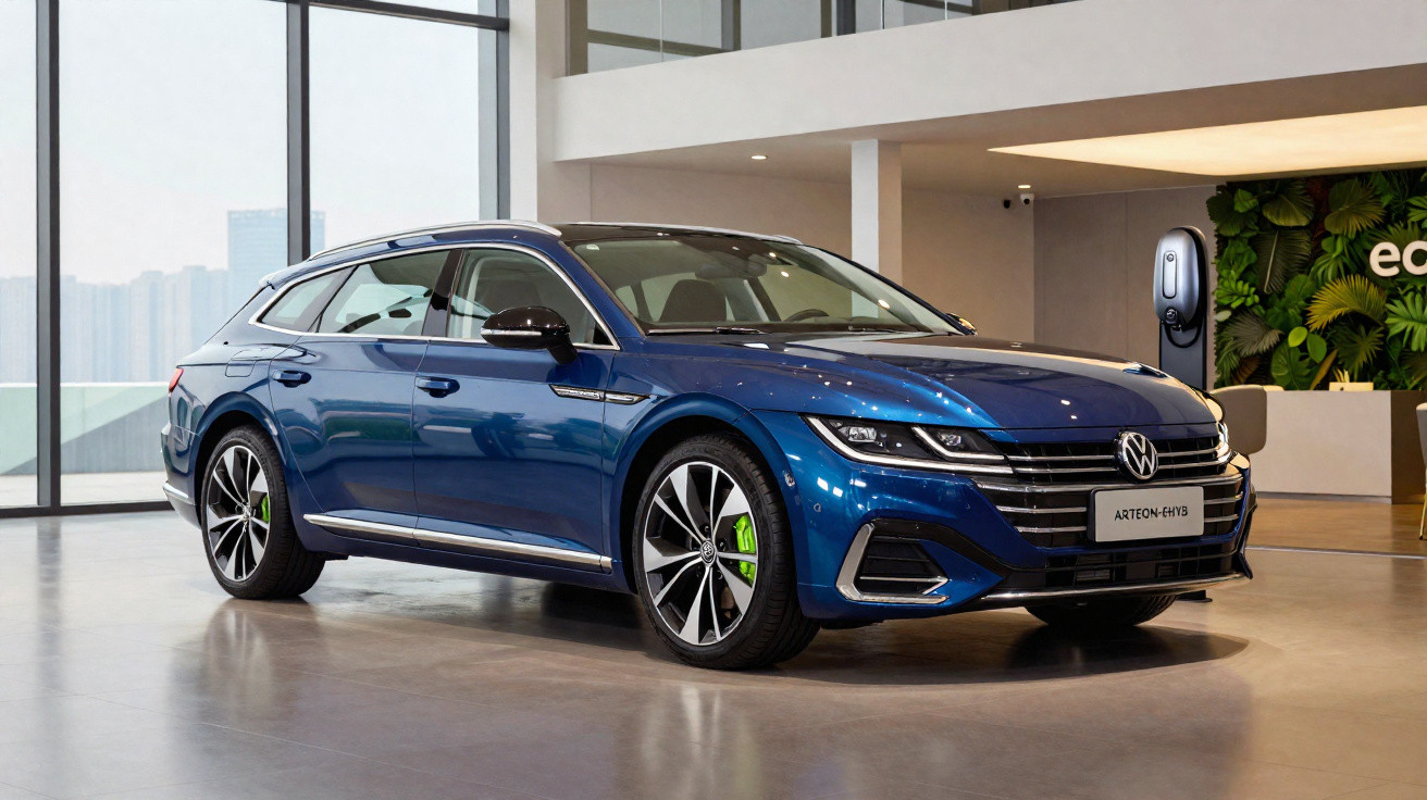 Carro azul Volkswagen Arteon eHybrid em exposição interna com carregador elétrico ao fundo.