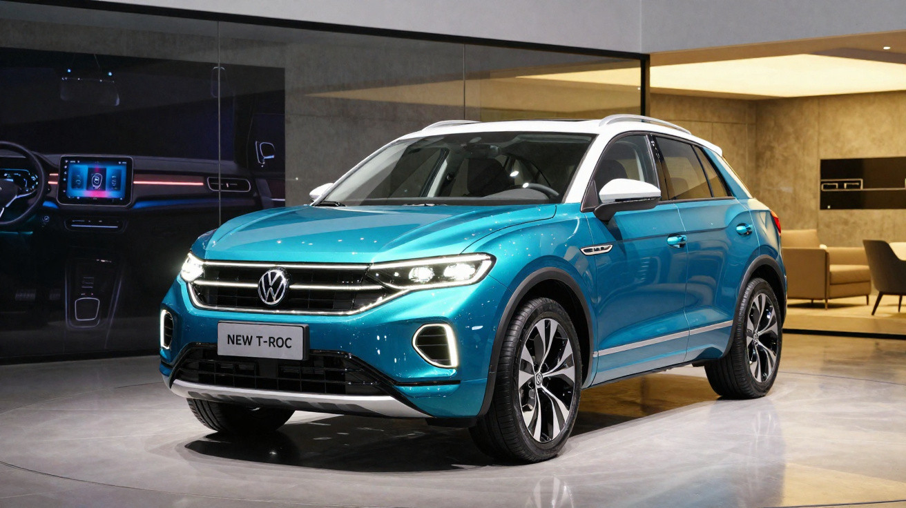 SUV Volkswagen T-Roc azul com teto branco exibido em showroom moderno.