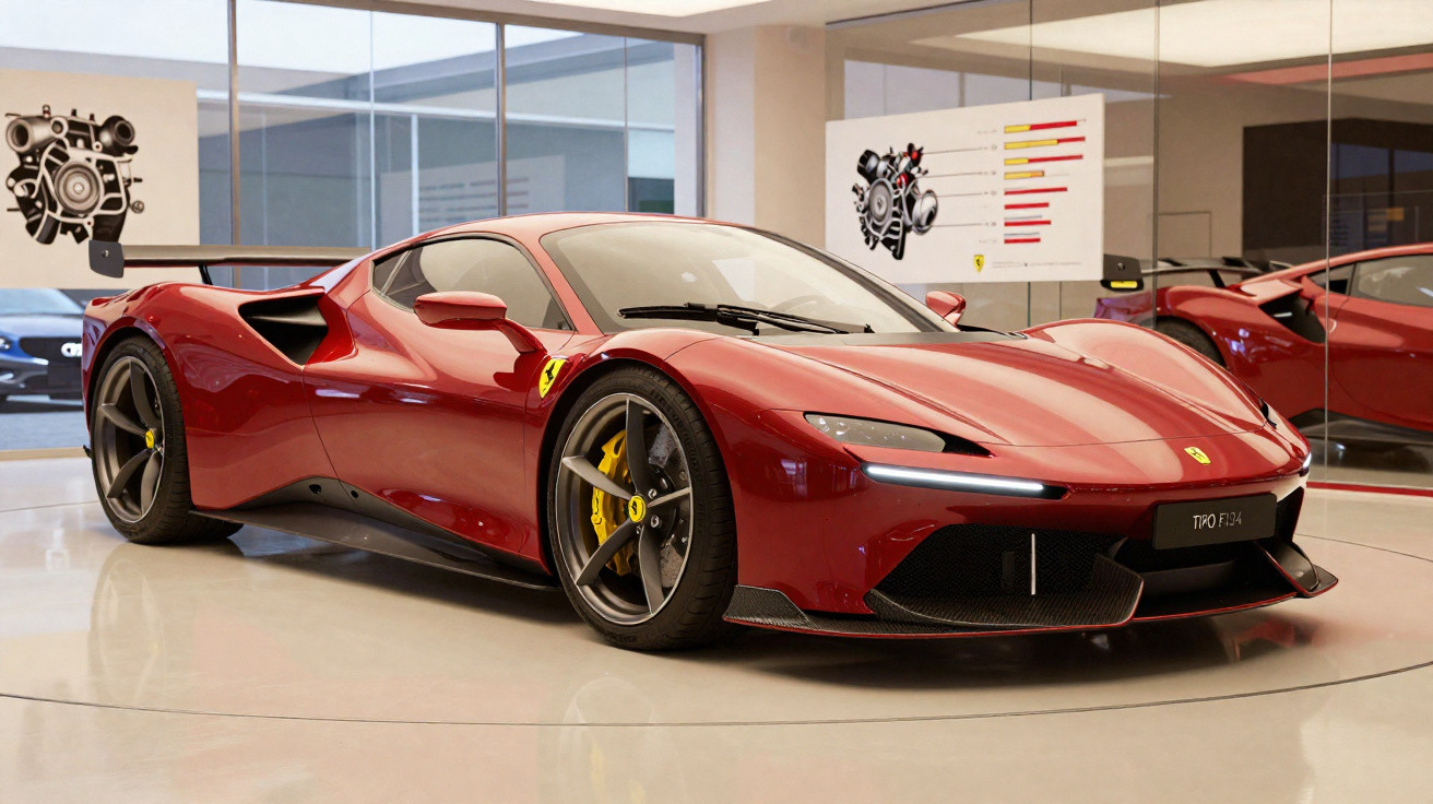 Carro esportivo Ferrari vermelho expositor em showroom com motor e gráficos em painéis ao fundo
