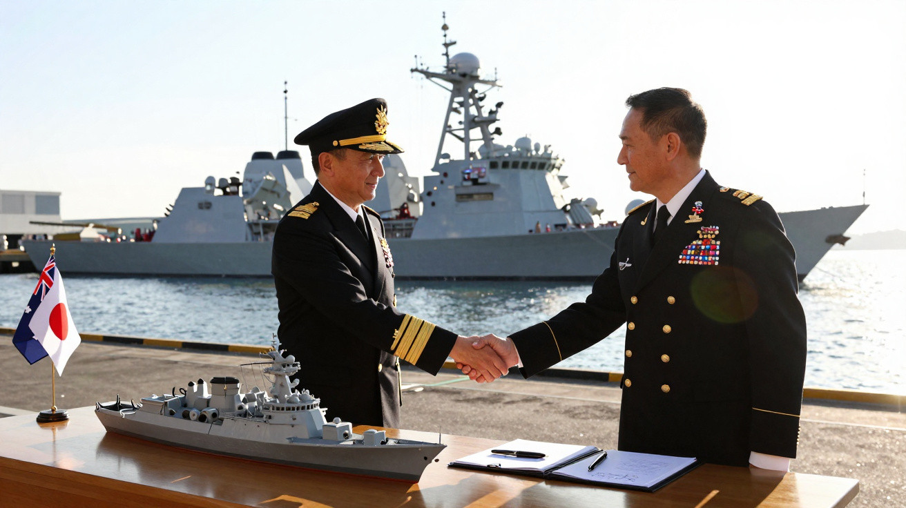 Dois oficiais navais em uniforme apertam as mãos em um porto, com navio militar ao fundo e modelo de navio na mesa.
