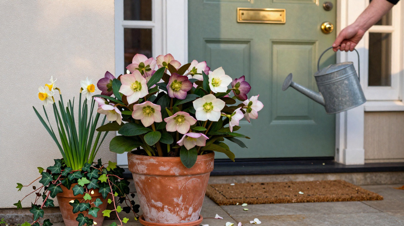 Mãos regando flores coloridas em vasos de barro na entrada de uma casa com porta verde.