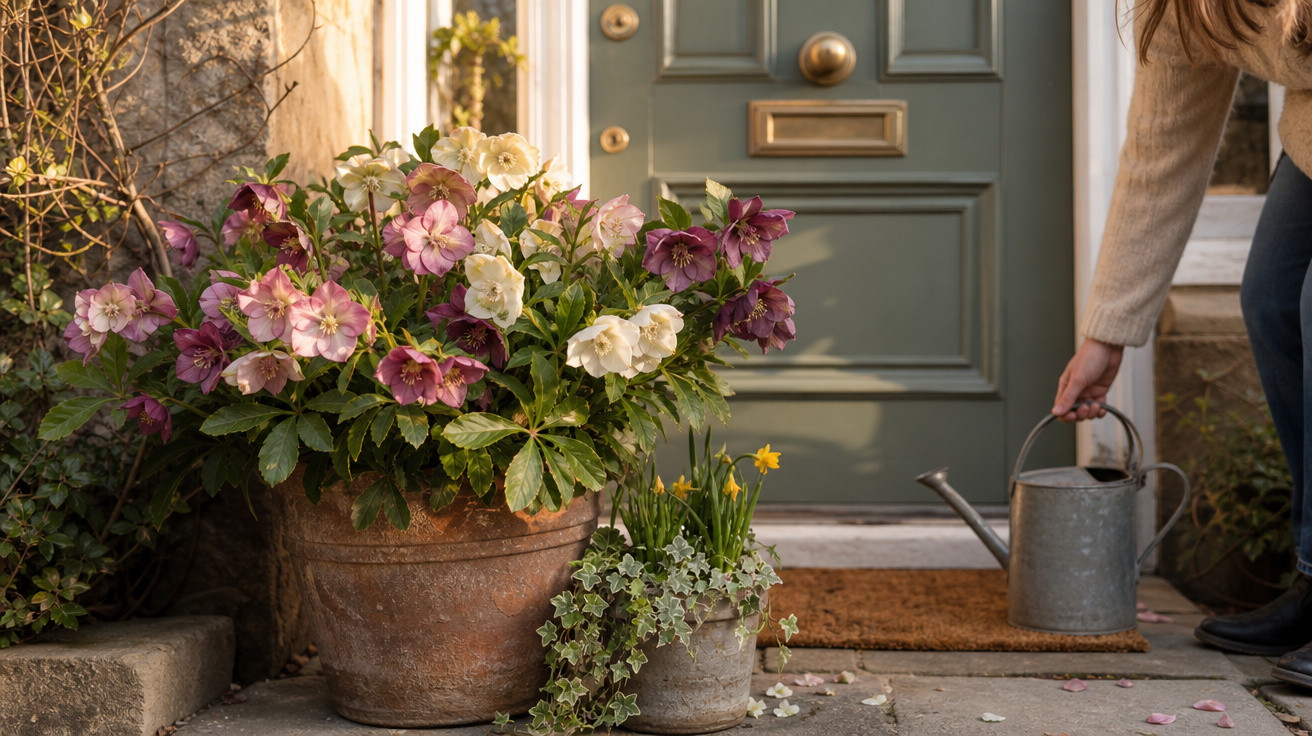 Pessoa regando plantas com flores em vasos na entrada de uma casa com porta verde.
